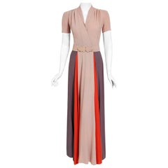 Vintage 1940's New York Creation Taupe Block-Color Crepe Belted Maxi Dress Gown