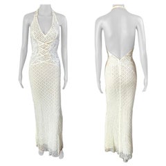 Gianni Versace S/S 2002 Plunging Backless Semi Sheer Lace Knit Ivory Dress Gown