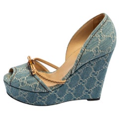 Gucci Blue GG Denim and Leather D'orsay Wedge Sandals Size 36