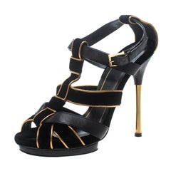 Gucci Black Velvet and Leather Malika Strappy Sandals Size 37.5