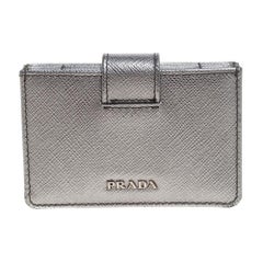 Prada Silver Saffiano Lux Leather Card Holder