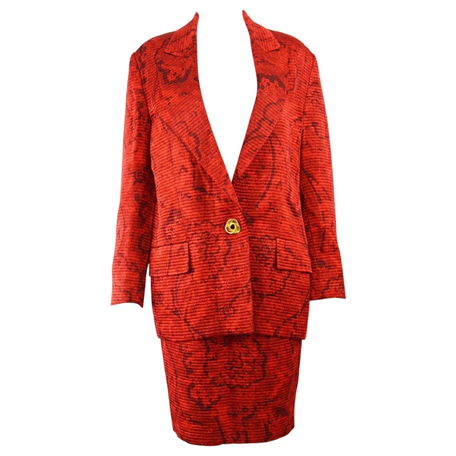 Liliane Romi Vintage 1980s Red Silk Damask Print 2 Piece Blazer & Skirt Suit
