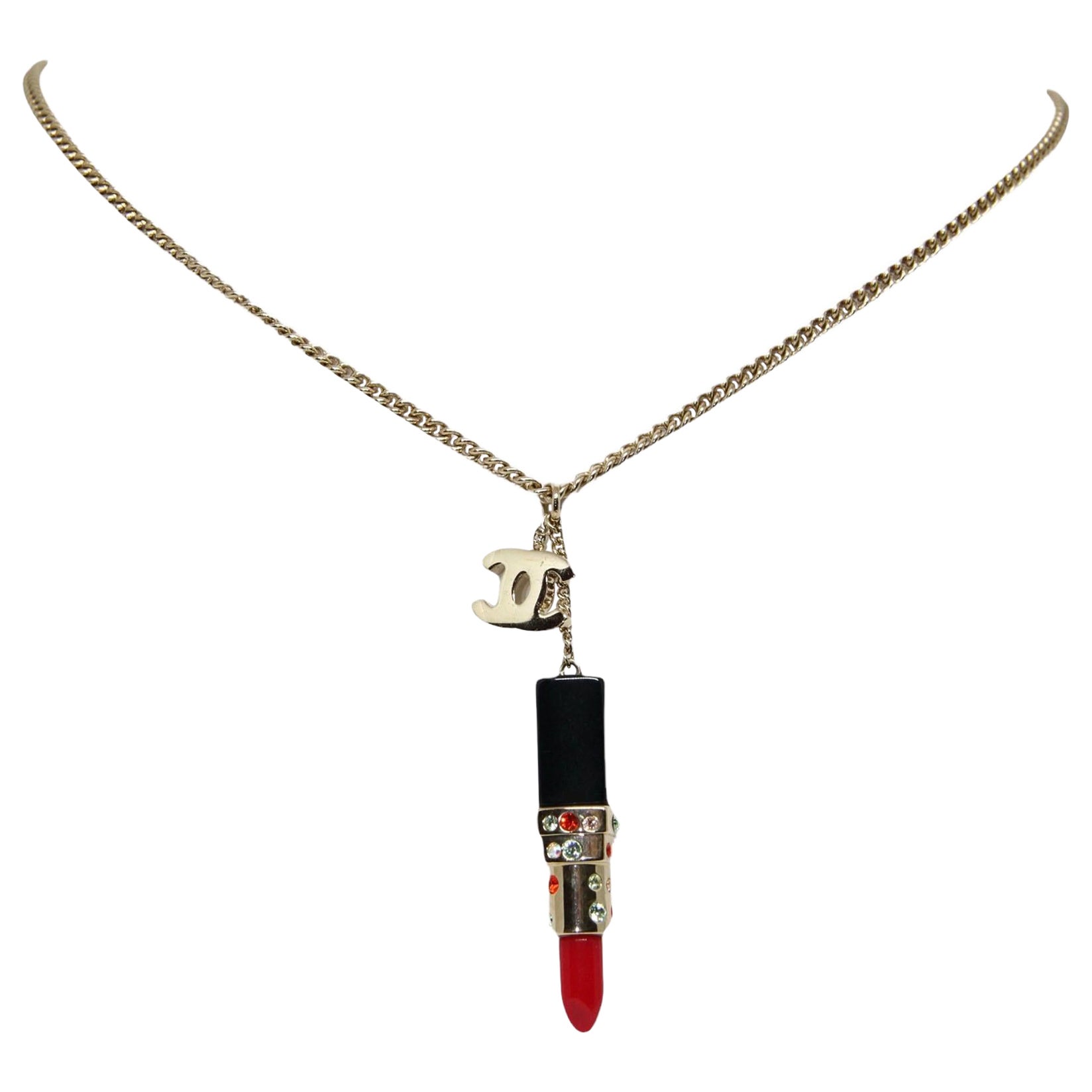 Chanel Lipstick and Gold Tone CC Charm Pendant Necklace