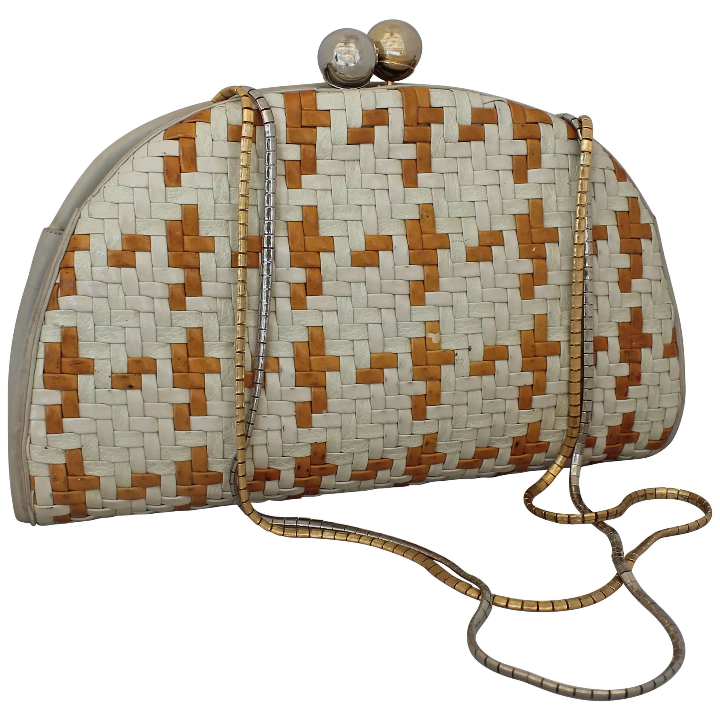 Judith Leiber Ivory & Mustard Woven Bag with Mixed Hardware - circa 1990's