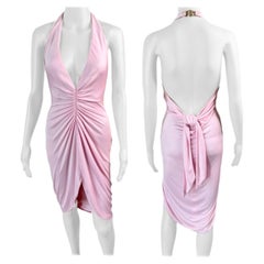 Versace S/S 2005 Runway Plunging Hi-Low Ruched Open Back Pink Dress 