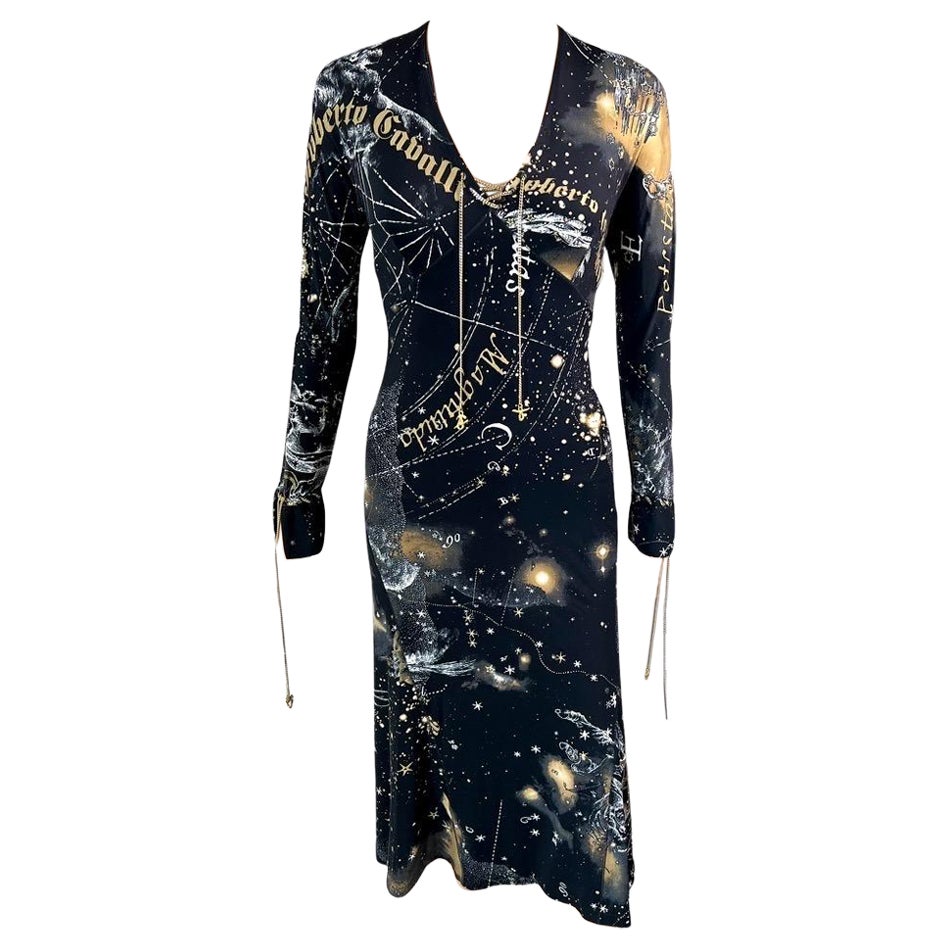 Roberto Cavalli F/W 2003 Lace Up Chain Constellation Astrology Print Midi Dress