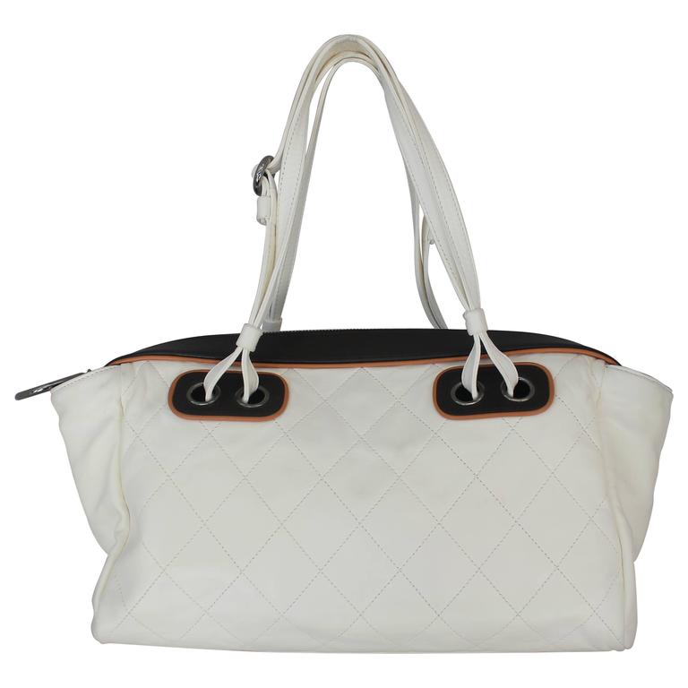 Chanel White and Black with Brown Trim Quilted Lambskin Shoulder Bag - PHW For Sale at 1stdibs
