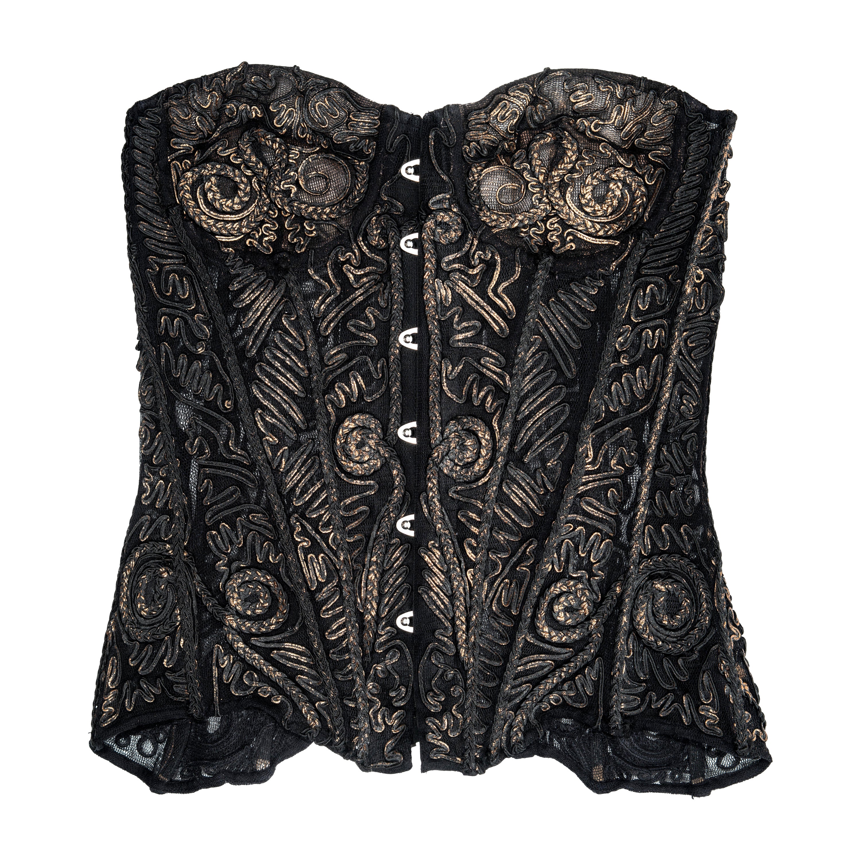 Jean Paul Gaultier black silk corset with copper foiled embroidery, fw 2006