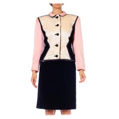 1980S YVES SAINT LAURENT Black & Pink Silk Duchess Satin Velvet Skirt Suit