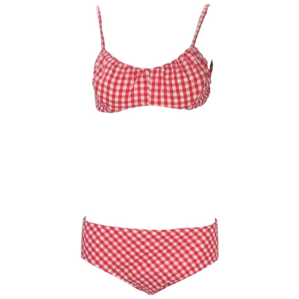 Cole of California White and Red Checkered Print Bikini with Headband, 1960s  For Sale