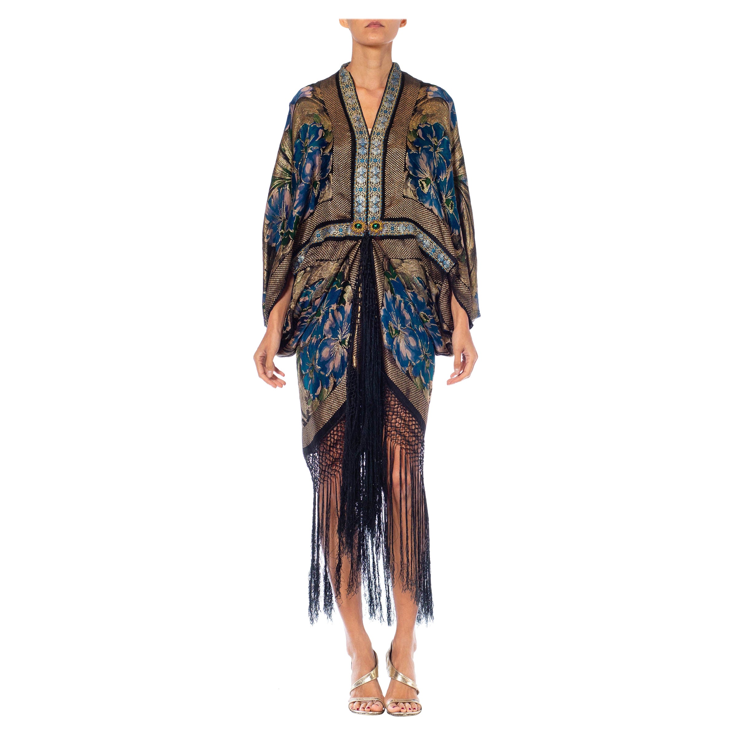 MORPHEW ATELIER Black, Blue & Gold Lamé Floral Cocoon With Vintage Clasp For Sale
