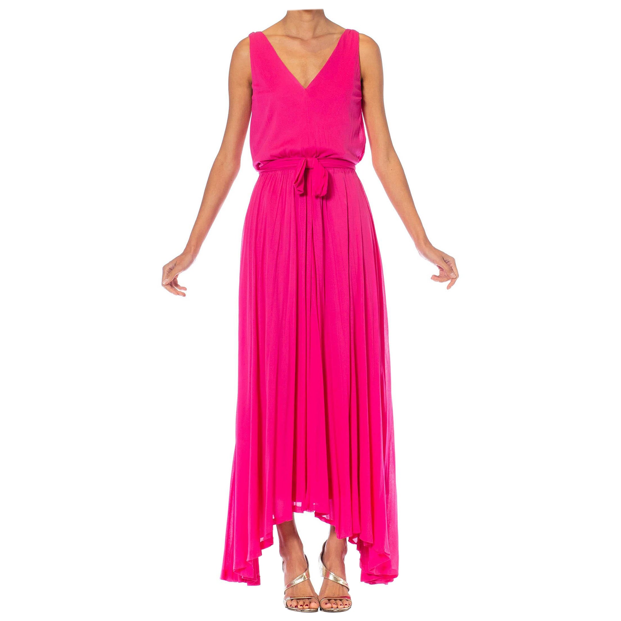 1970S Marie-Martine Hot Pink Silk Jersey French Made Demi-Couture Disco Gown Wi For Sale
