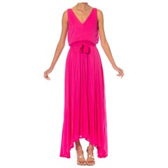 Retro 1970S Marie-Martine Hot Pink Silk Jersey French Made Demi-Couture Disco Gown Wi