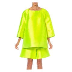 1990S GIANFRANCO FERRE Lime Green Silk & Poly Oversized Tunic Mini Dress Shorts