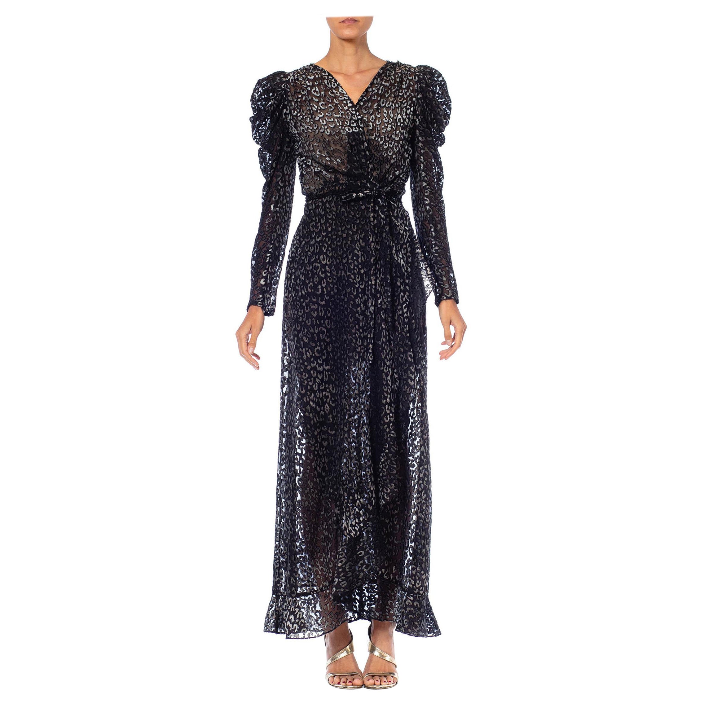 1980S Black Leopard Print Silk & Rayon Burnout Velvet Wrap Dress Gown With Slee For Sale