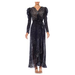 1980S Black Leopard Print Silk & Rayon Burnout Velvet Wrap Dress Gown With Slee