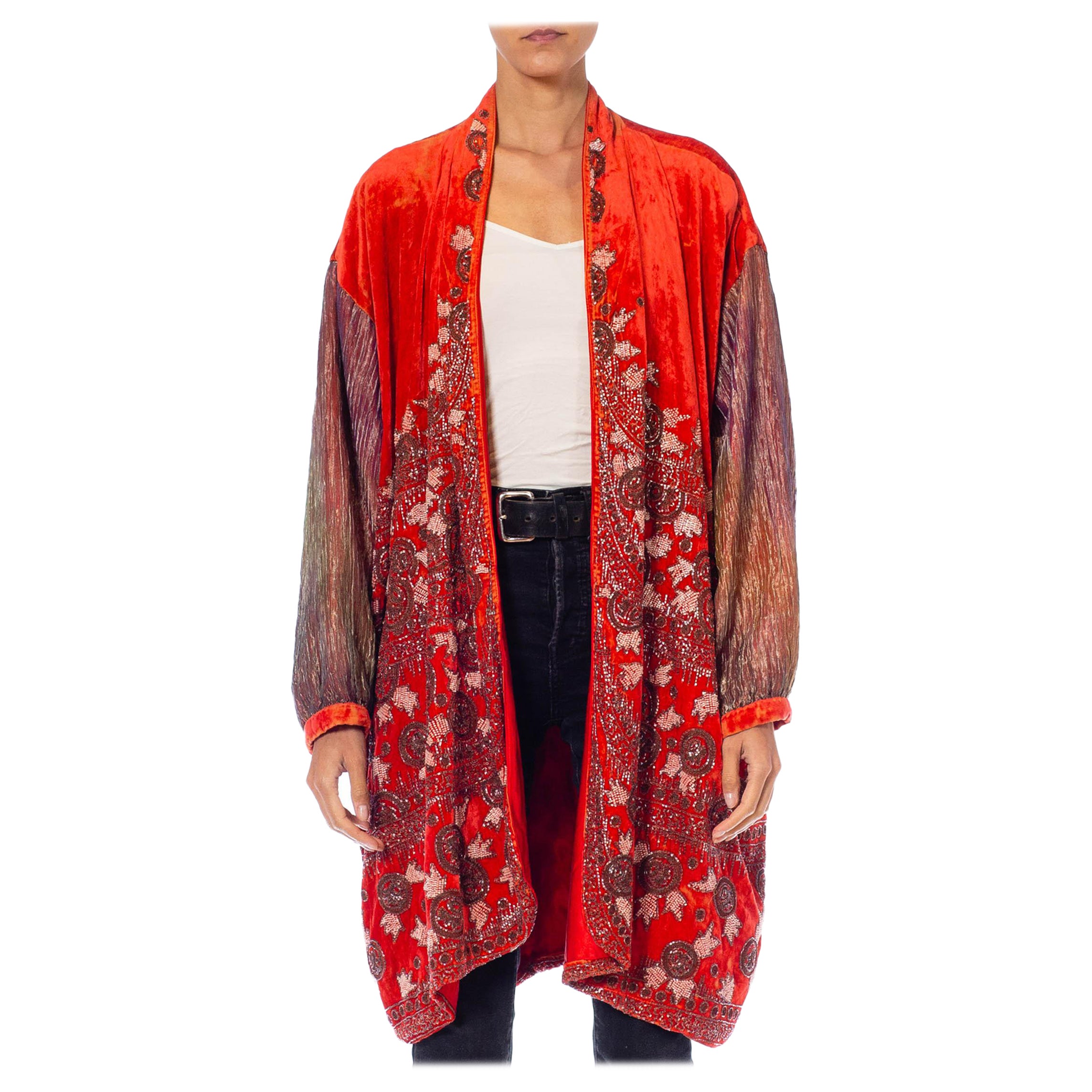1920S Red Silk Velvet Beaded Opera Coat From Paris For Sale