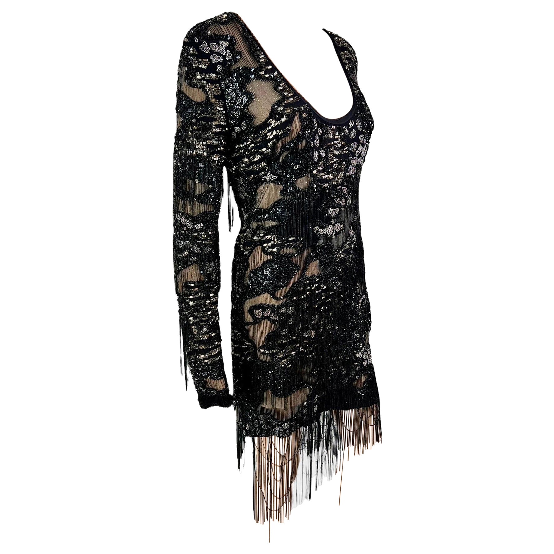 Roberto Cavalli S/S 2016 Runway Embellished Chain Sheer Black Mini Evening Dress For Sale