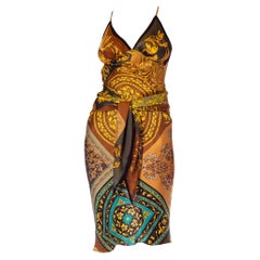 COLLECTION MORPHEW Robe en foulard de soie marron, dorée, bleue et verte fabriquée à partir de Versace
