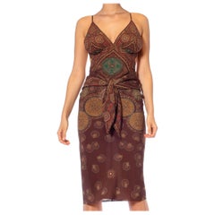 MORPHEW COLLECTION Chocolate Brown, Red & Green Silk Scarf Dress Made From Vale