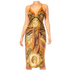 MORPHEW COLLECTION Brown, Black & Gold Status Print Silk Scarf Dress Made From