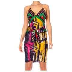 Morphew Collection Black, Green, Yellow & Pink Silk Scarf Dress Made From Vinta