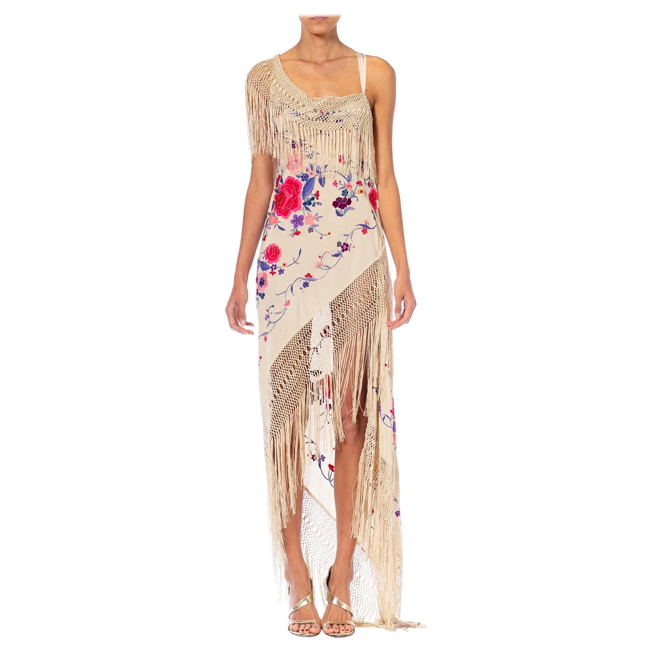 MORPHEW ATELIER Beige Bias Cut Fringed Dress Made From 1920S Hand-Embroidered S