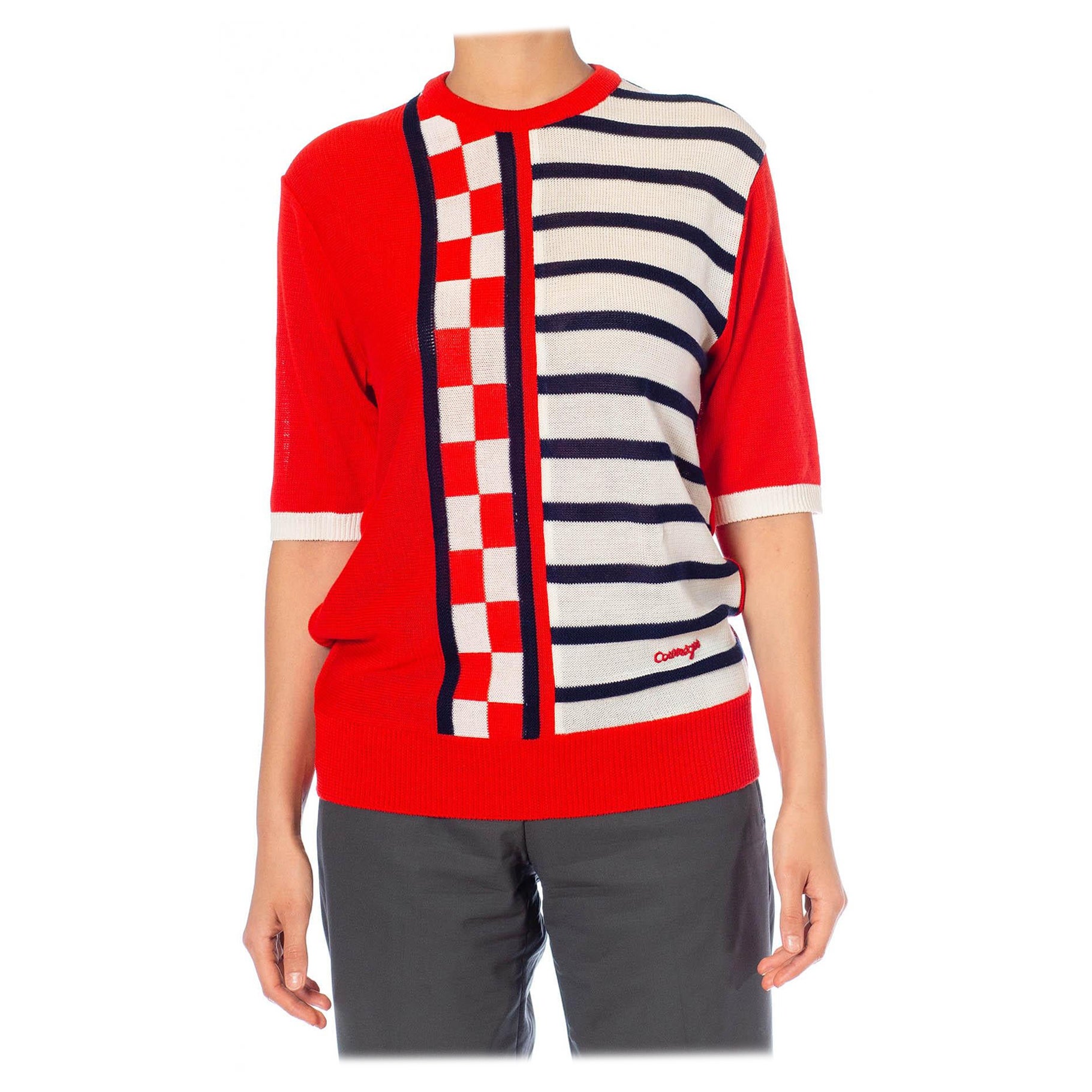 1980S Courrèges Homme Paris White, Red & Navy Blue Acrylic Linen Knit Shirt For Sale