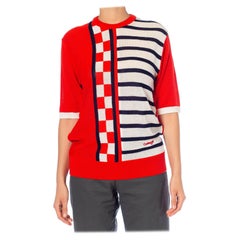 1980S COURRÈGES HOMME PARIS White, Red & Navy Blue Acrylic Linen Knit Shirt
