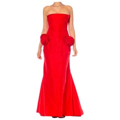 Retro 1980S Valentino Red Silk Taffeta Strapless Fishtail Trained Gown With Rosette P