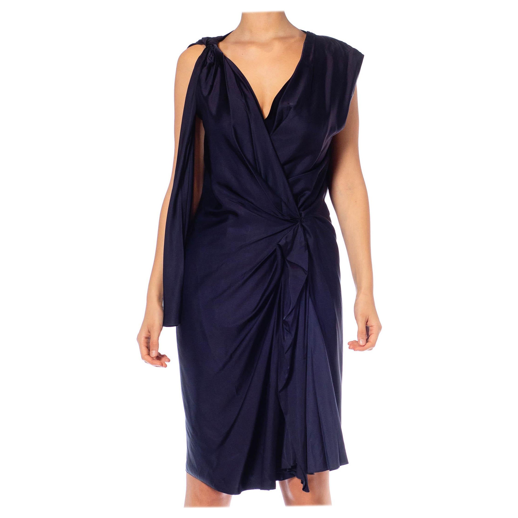 2000S Lanvin Navy Blue Silk Satin Deconstructed Wrap Dress For Sale