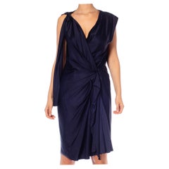 2000S Lanvin Navy Blue Silk Satin Deconstructed Wrap Dress