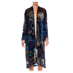 Vintage 1990S Black & Blue Rayon Silk Burnout Velvet Peacock Kimono Jacket Top