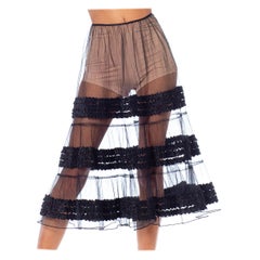1950S Black Sheer Poly/Nylon Tulle Petticoat Skirt With Satin Ribbon Ruffles