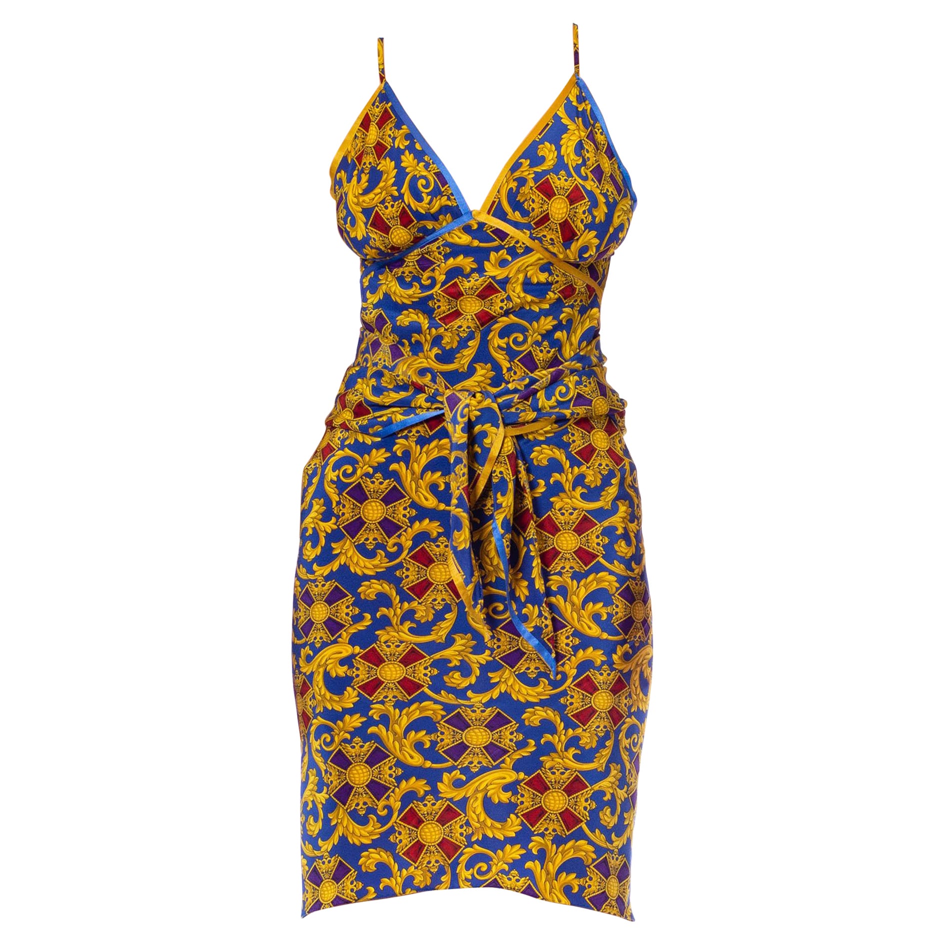 Morphew Collection Blue & Gold Multi  Silk Scarf Dress Made From Vintage Franco For Sale