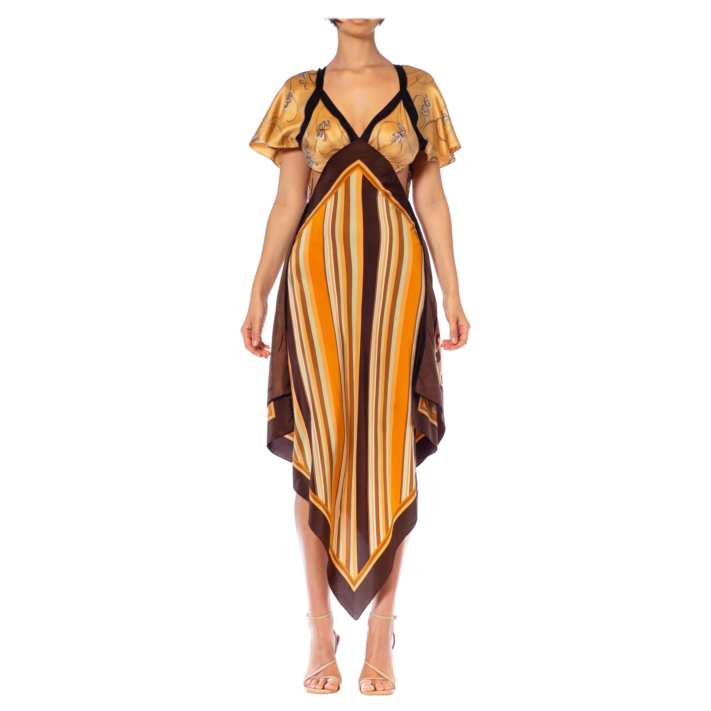 MORPHEW COLLECTION Brown, Orange & Cream Silk Stripe Butterfly 3-Scarf Dress Ma For Sale