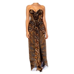 2000S Roberto Cavalli Animal Print Bias Cut Silk Chiffon Strapless Gown