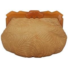Paris Jacomo Vintage Beige Leather Clutch with Bakelite Handle - 1980's 3