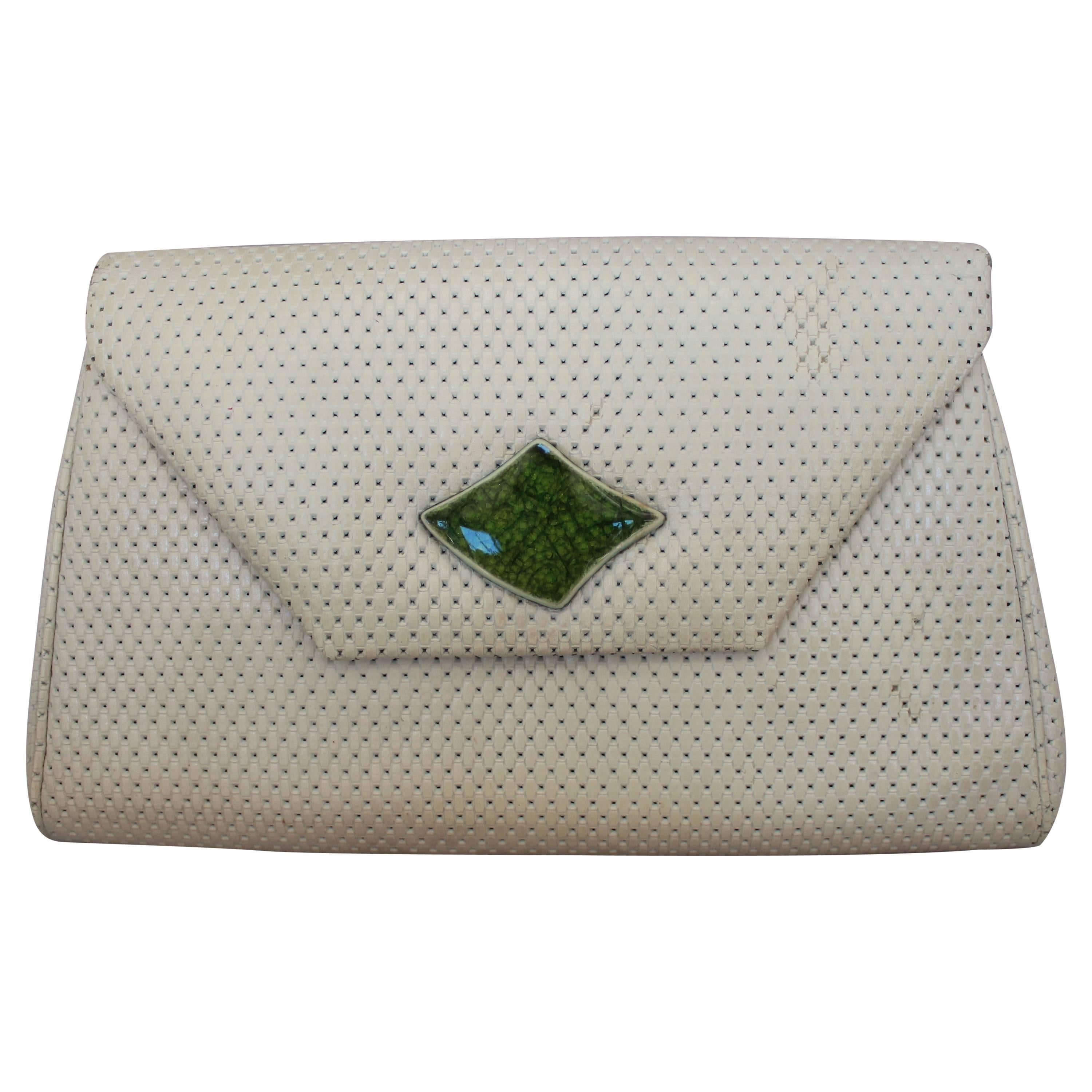 Paris Jacomo Ivory Perforated Leather Clutch with Green Stone - circa 1980's 