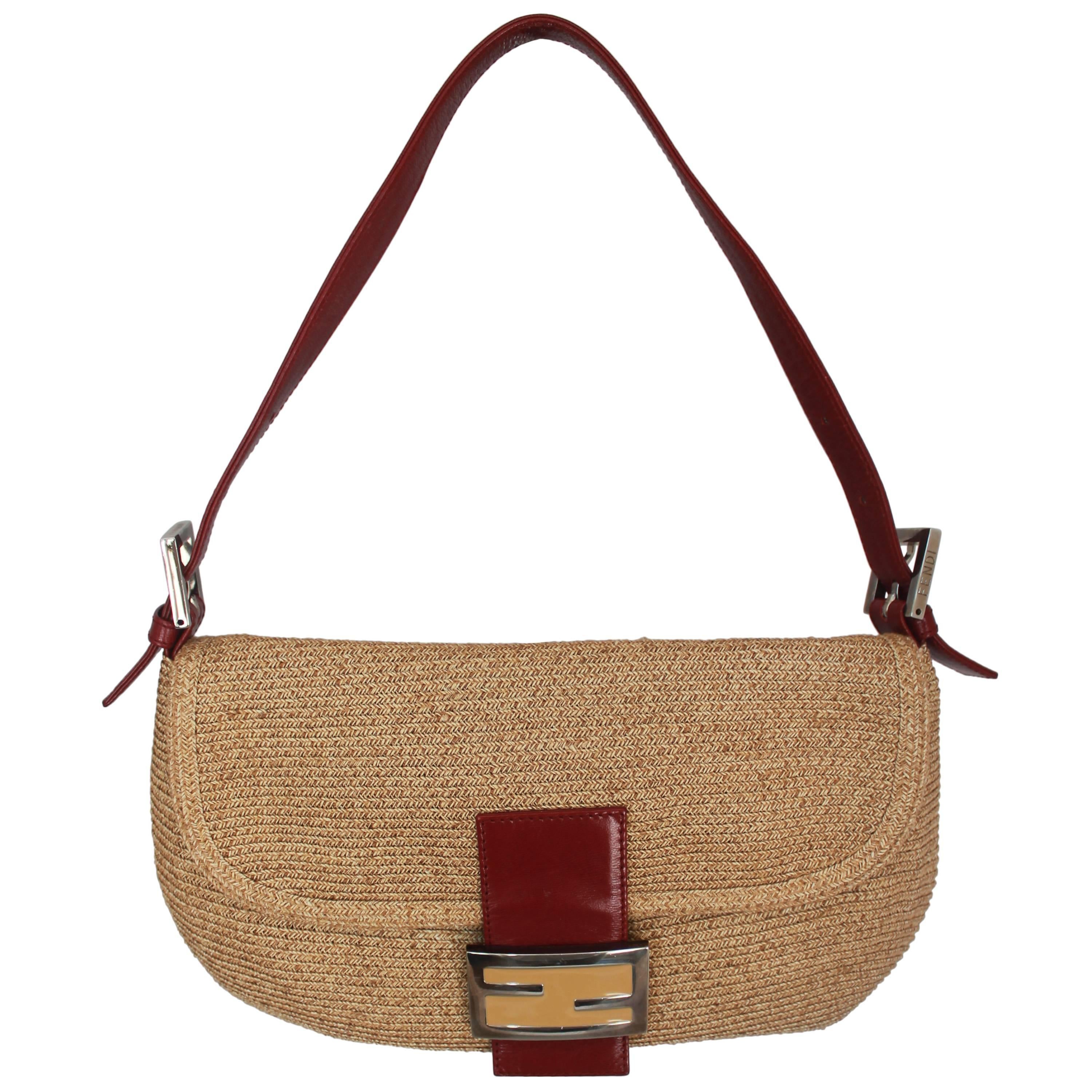 Fendi Beige Raffia & Red Leather Baguette - SHW