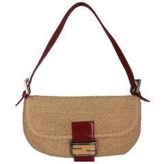 Fendi Beige Raffia & Red Leather Baguette - SHW