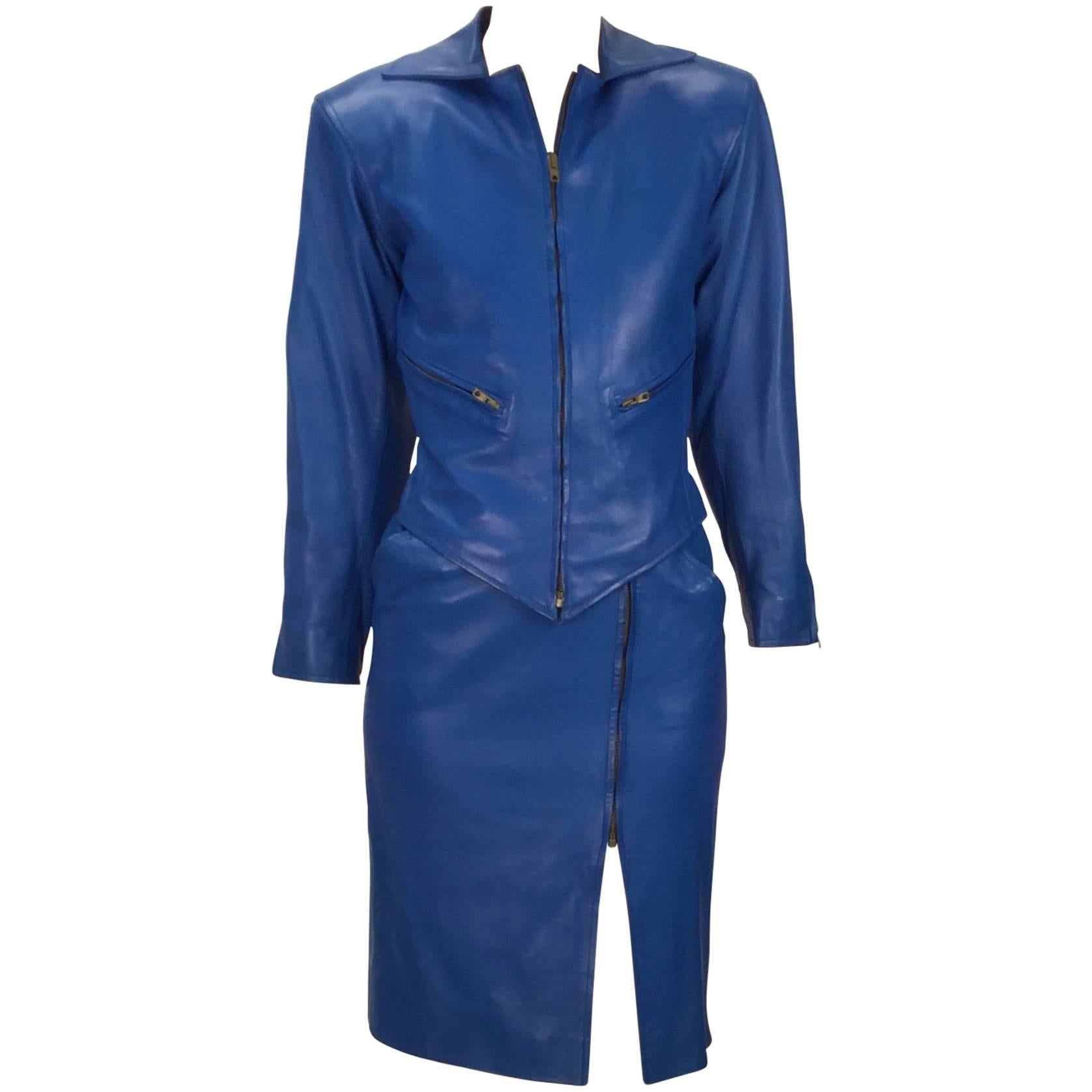 Yves Saint Laurent Blue Leather Jacket and Skirt Ensemble, 1980s  For Sale