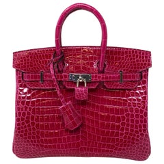 Hermes Birkin 25 Rose Glänzende Alligator-Tasche aus Mexiko 