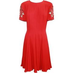 Bob Mackie Red Silk Short Sleeve Dress with Floral Beading - 6