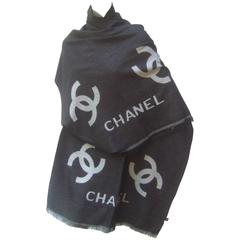 Chanel Charcoal Gray Silk Wool Blend Shawl Made in Italy 