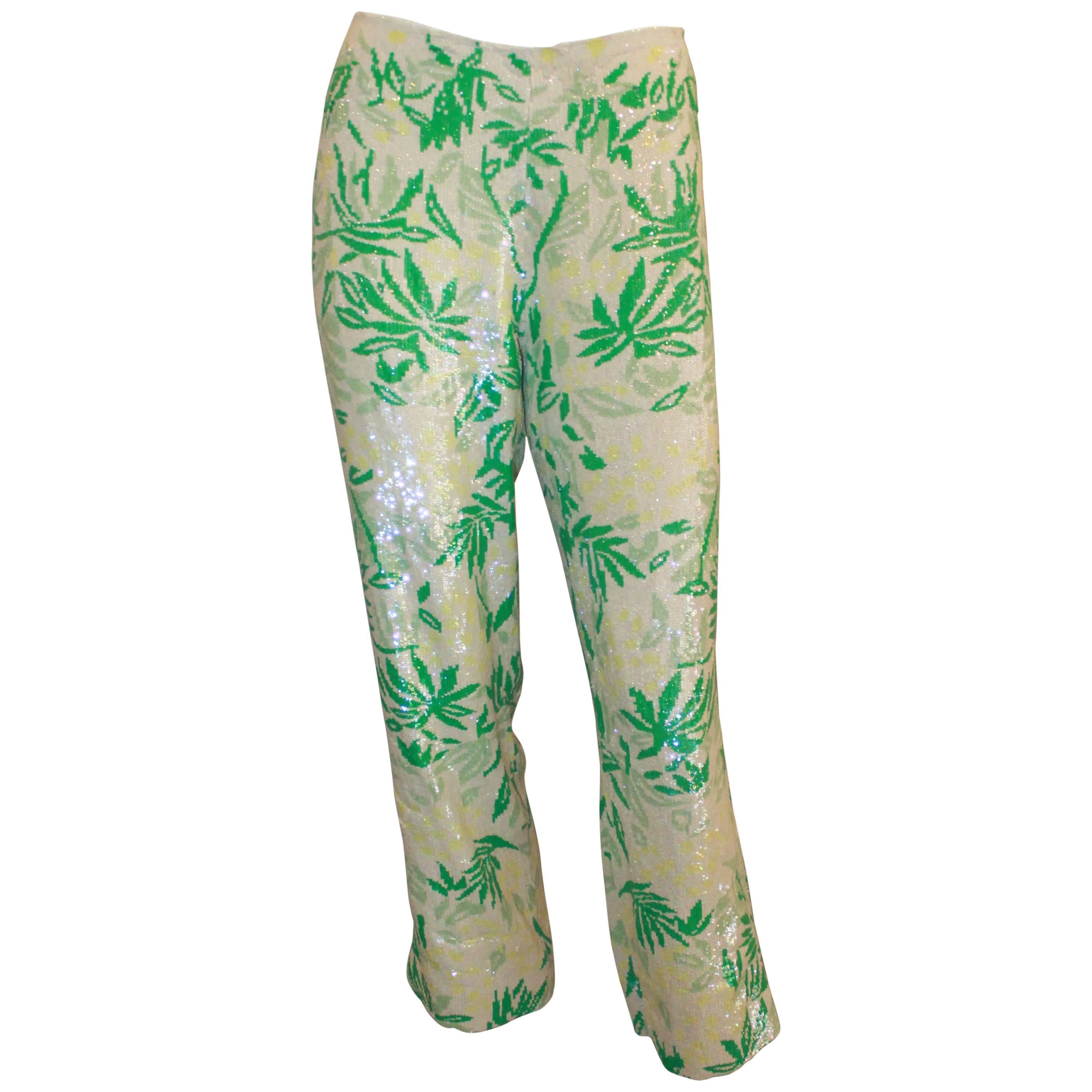 Ralph Lauren Ivory 
Green Printed Sequin Encrusted Pants - 6