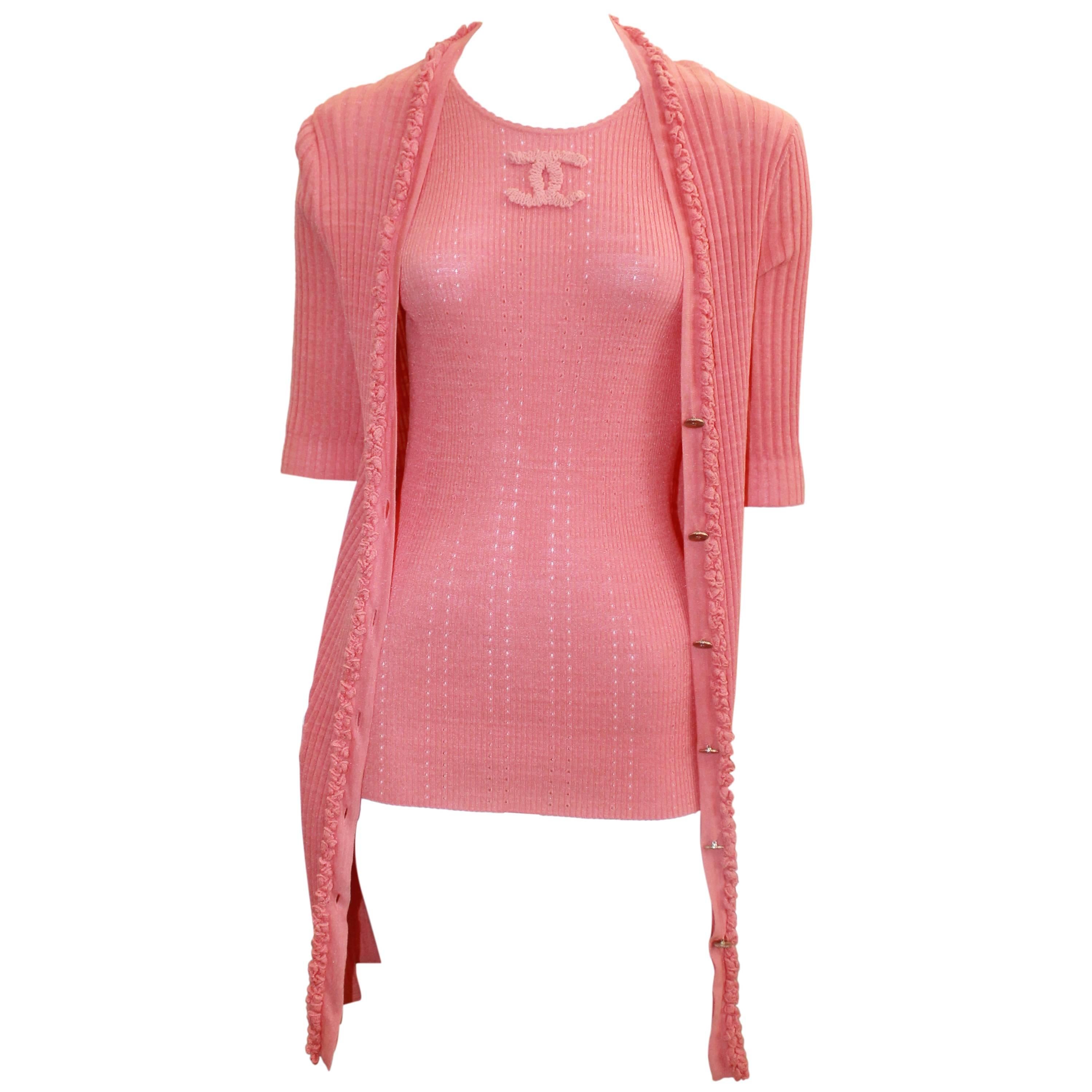 Chanel Coral Cotton Blend Knitted Sweater Set - 42 - 09P