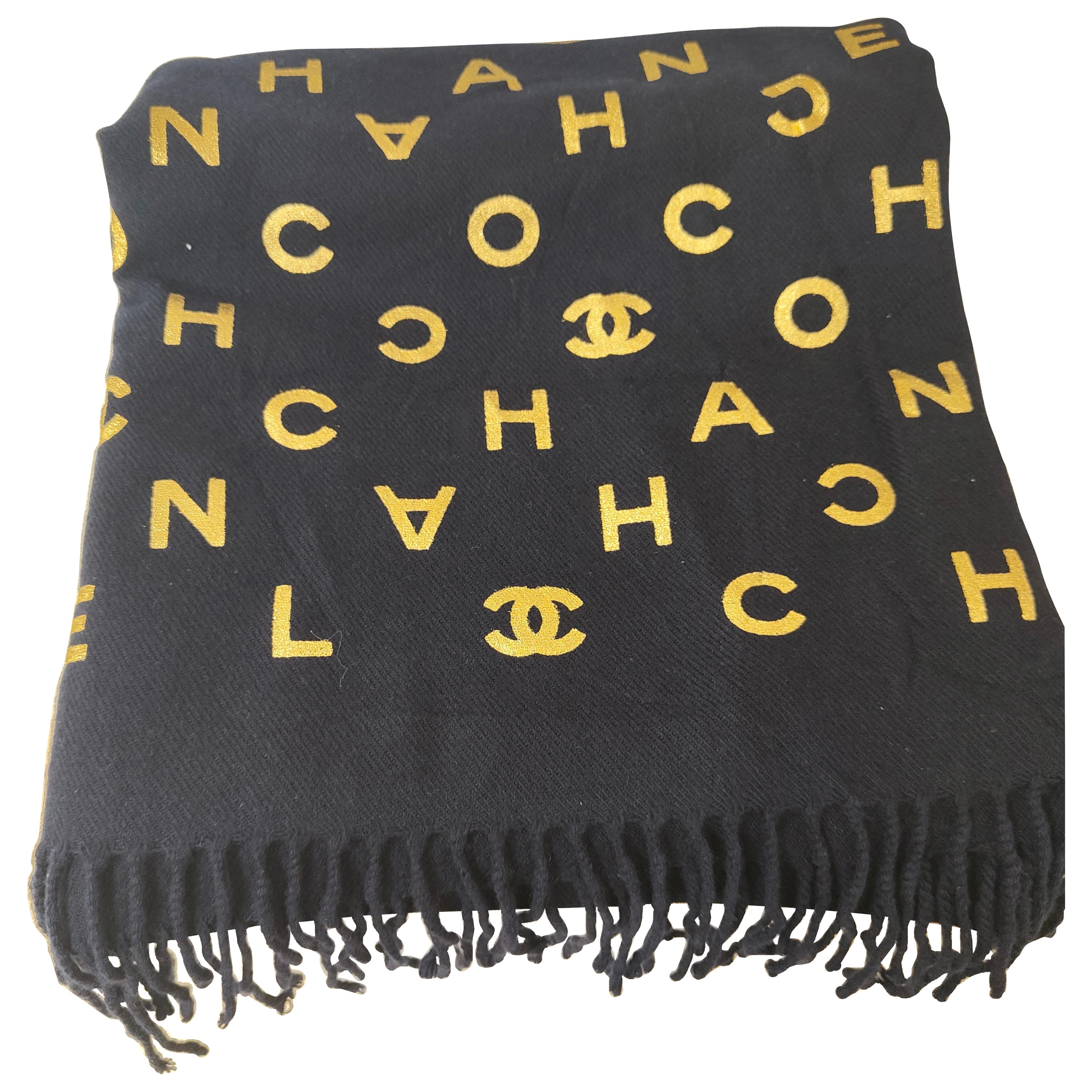 Chanel blue navy gold lettering scarf