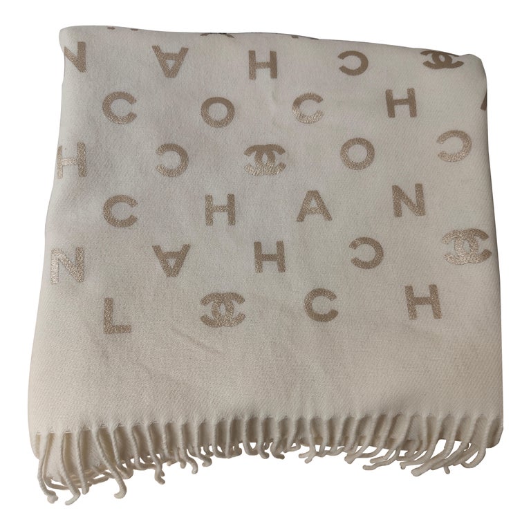 Chanel cream CC gold lettering scarf at 1stDibs