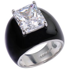 Bijoux Num Sterling Silver 6.5ct Simulated Diamond Black Enamel Bombe Dome Ring